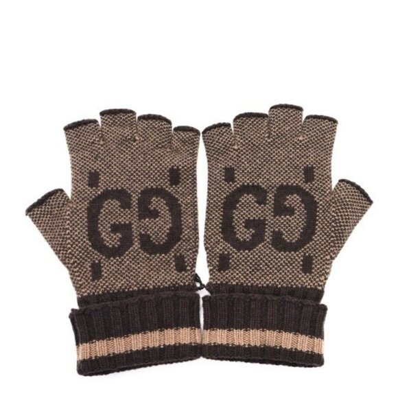 NWT GUCCI  Cashmere GG Fingerless Gloves S Beige Dark Brown 100% Authentic - Picture 1 of 7